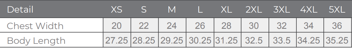 A small size measurement chart with a gray gradient background and a table showing chest width and body length by sizes XS through 5XL.