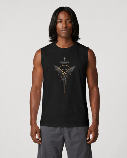 A man modeling a black sleeveless muscle tank top with a dark gray and gold graphic of a winged figure and the text 'THE GHOST BUNN' on the chest, paired with gray shorts against a light gray background.