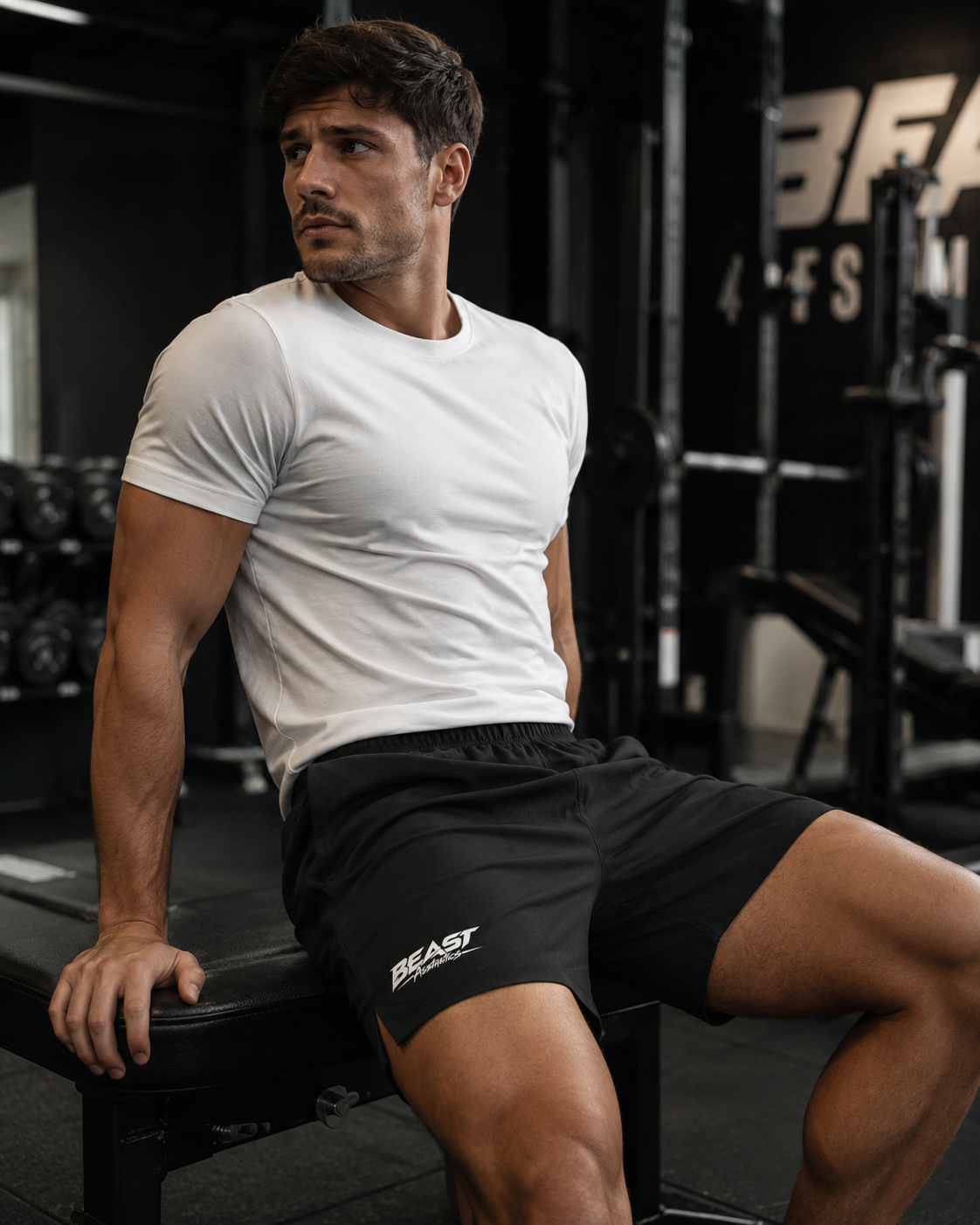 A muscular man in a gym setting, wearing a white crew-neck t-shirt and black athletic shorts with a white 'BREAST' logo on the left leg, leaning on a weight bench.