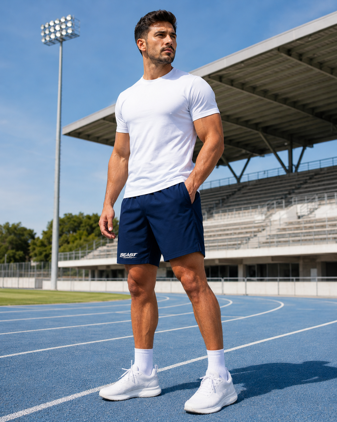 A man standing on a blue athletic track wearing a white t-shirt, navy blue athletic shorts with a white logo, white socks, and white sneakers, with stadium seating and a light pole in the background.