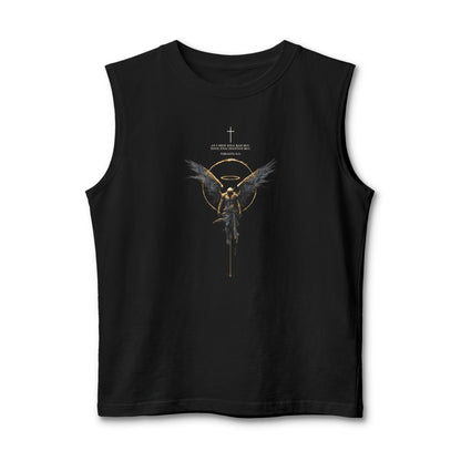 Black sleeveless shirt with white text on a white background