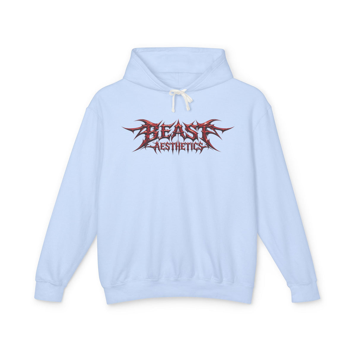 A light blue pullover hoodie with a stylized red and black 'BEAST AESTHETICS' graphic printed on the chest, displayed against a solid white background.