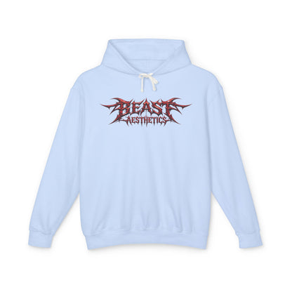 A light blue pullover hoodie with a stylized red and black 'BEAST AESTHETICS' graphic printed on the chest, displayed against a solid white background.