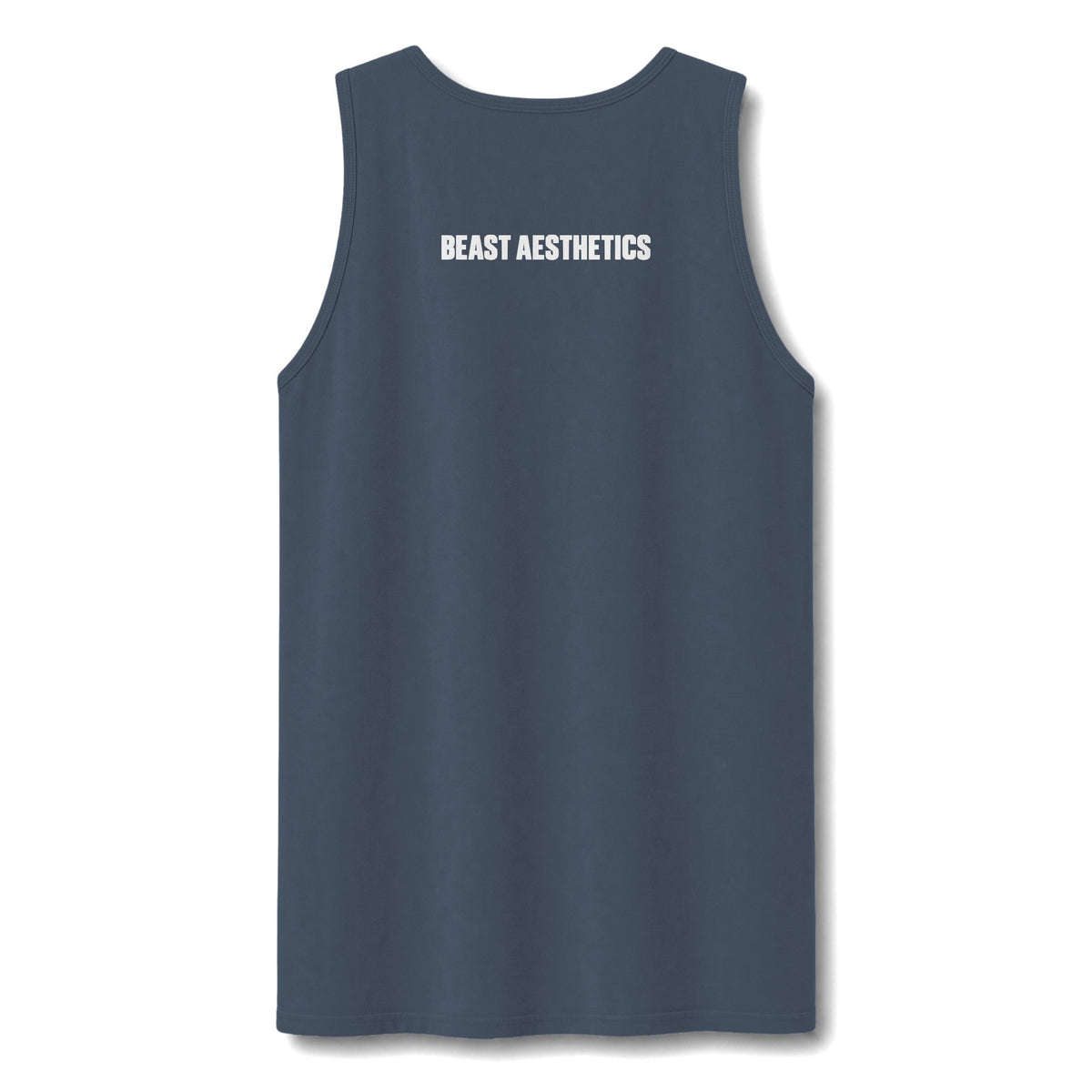 A sleeveless tank top in a muted slate blue color, featuring the text 'BEAST AESTHETICS' printed in white across the upper chest, displayed on a clean white background.