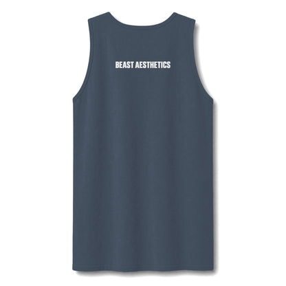 A sleeveless tank top in a muted slate blue color, featuring the text 'BEAST AESTHETICS' printed in white across the upper chest, displayed on a clean white background.