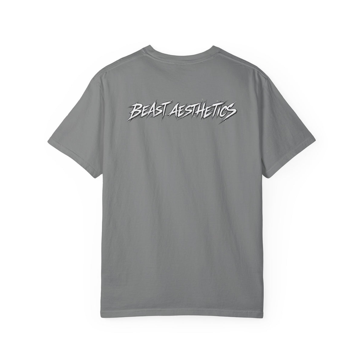 Olive green t-shirt with a logo on the back against a white background