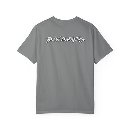 Olive green t-shirt with a logo on the back against a white background