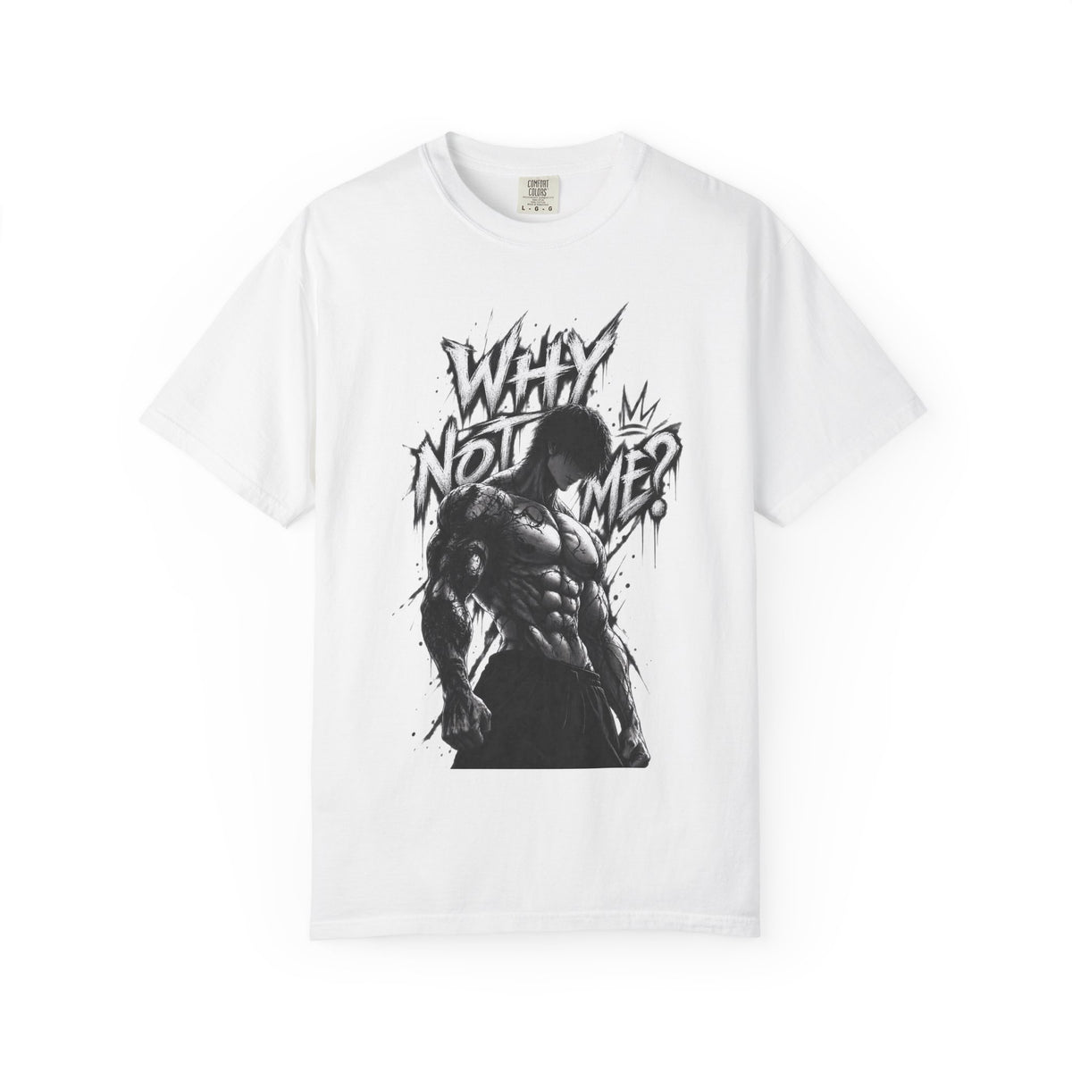 A white short-sleeve crewneck t-shirt featuring a black graphic print of a muscular man with the text 'WHY NOT ME?' in a graffiti-style font, displayed on a clean white background.