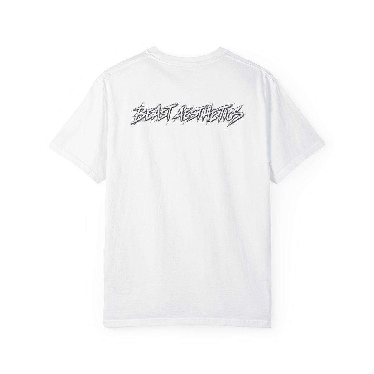 A white short-sleeve t-shirt shown from the back, featuring a stylized black and gray graphic text logo that reads 'BEAST CACHTERS' across the upper back.