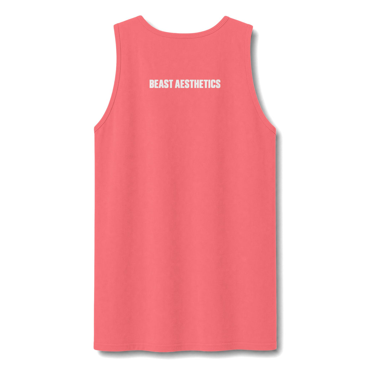 A coral pink sleeveless tank top with 'BEAST AESTHETICS' printed in white across the upper chest, shown against a plain white background.