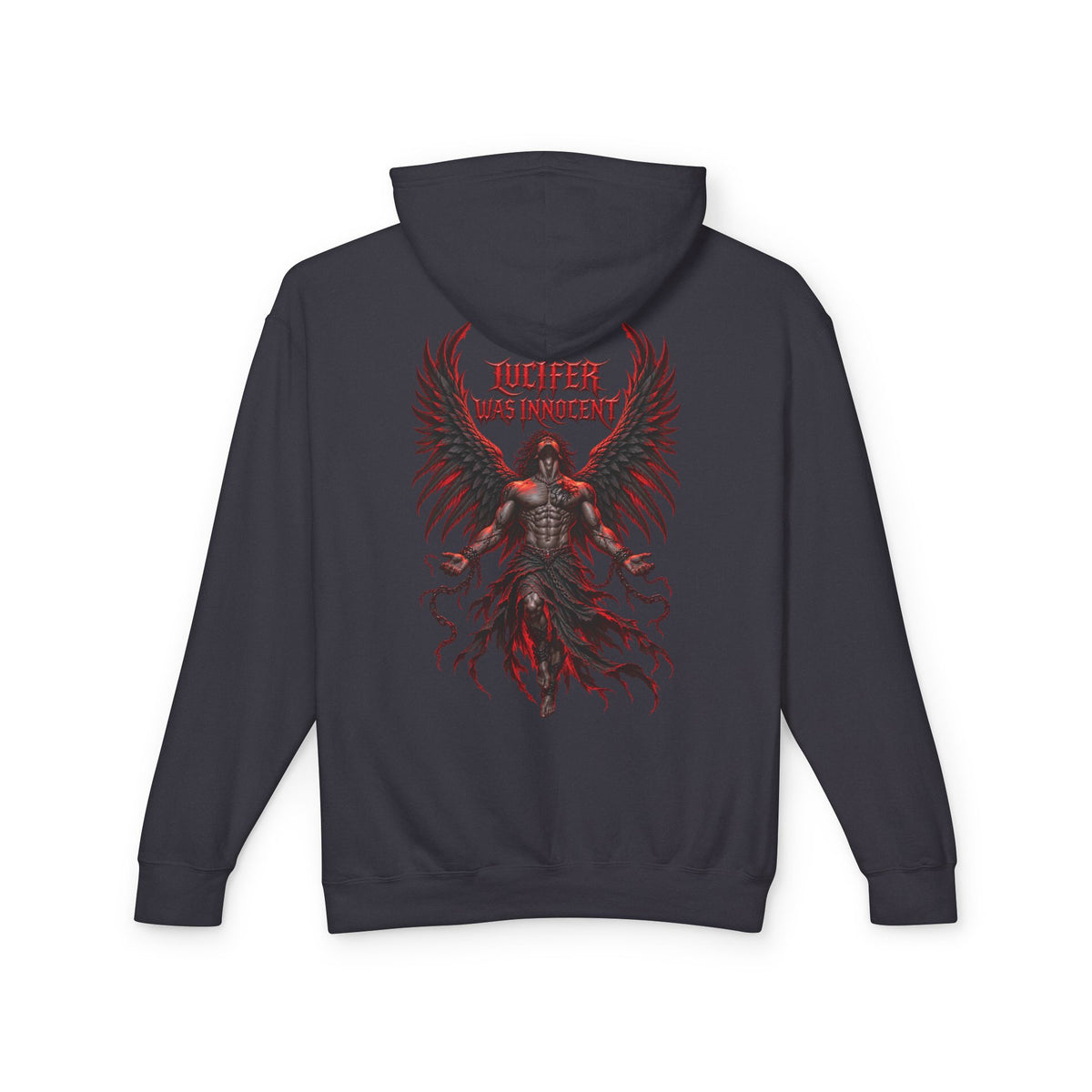 A dark charcoal gray hoodie shown from the back, featuring a large graphic print of a winged demon-like figure in red and black with the text 'TUCIFER WAS INNOCENT' above it.