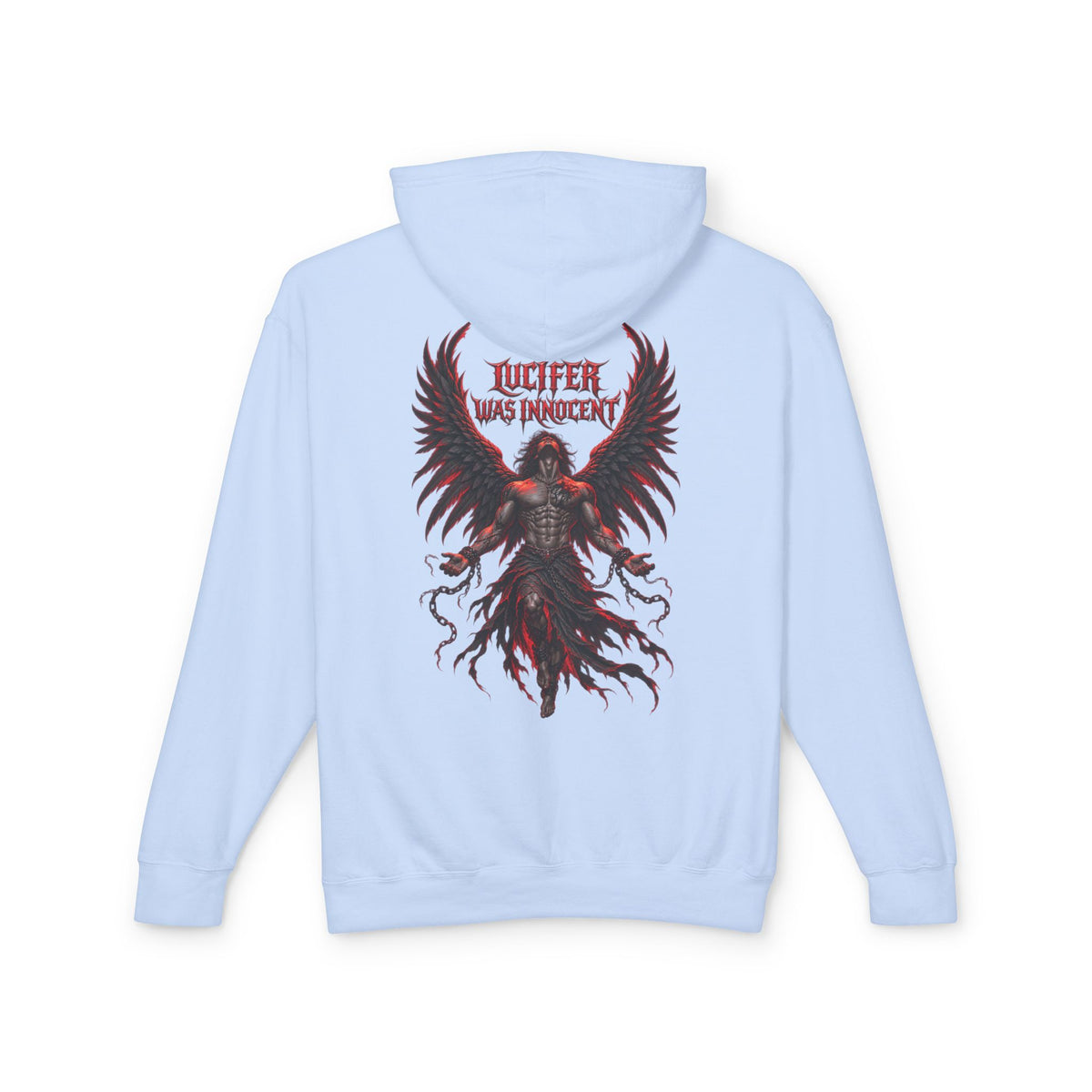A light blue hoodie shown from the back, featuring a large graphic print of a winged demon-like figure in red and black with the text 'LUCIFER WAS INNOCENT' above it.