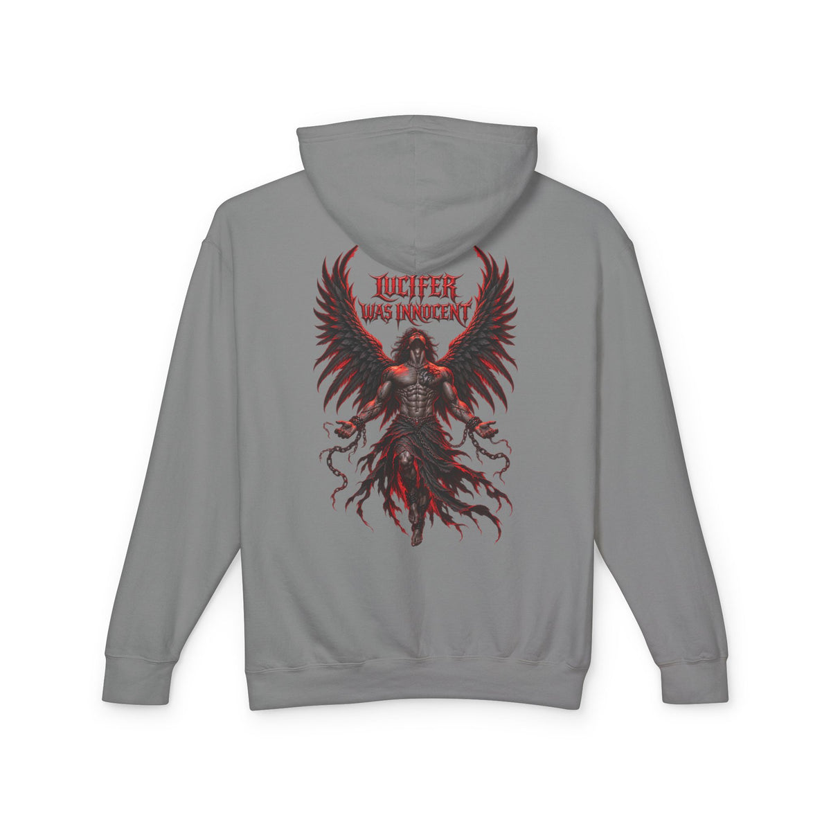 A gray pullover hoodie shown from the back, featuring a large graphic print of a winged demon-like figure in red and black with the text 'LUCIFER WAS HUMAN' above it.