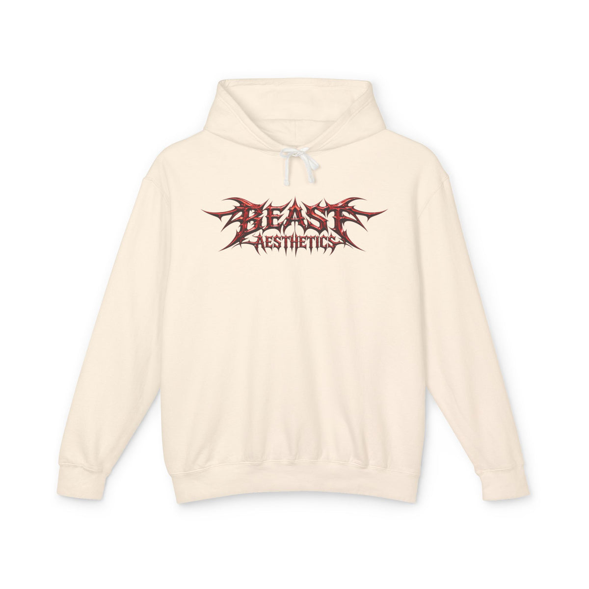 An off-white hooded sweatshirt with a red and black 'BEAST AESTHETICS' graphic printed on the chest, displayed against a solid white background.