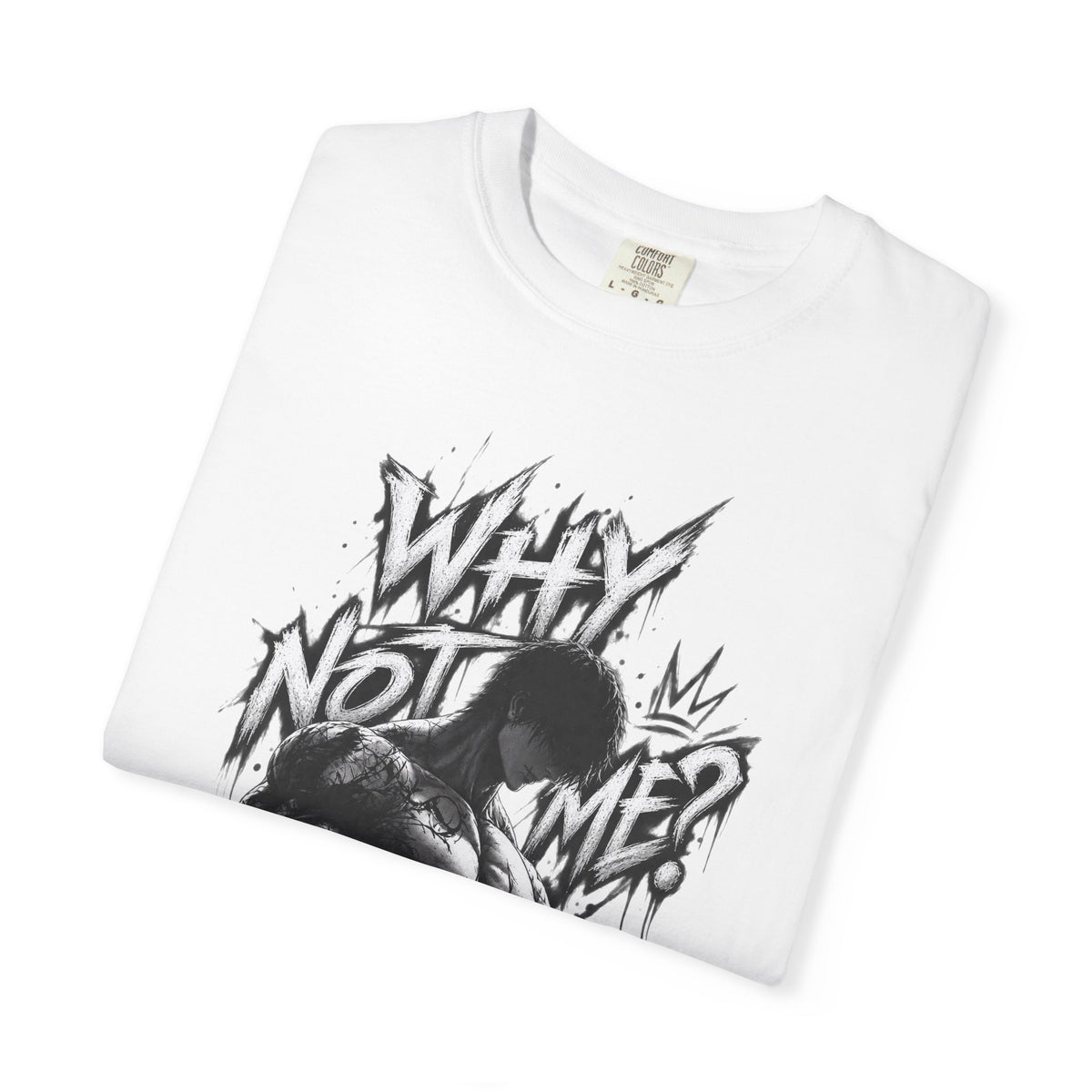A folded white short-sleeve T-shirt with a large black and gray graphic print on the front featuring stylized text and an anime-style character illustration, shown on a plain white background.
