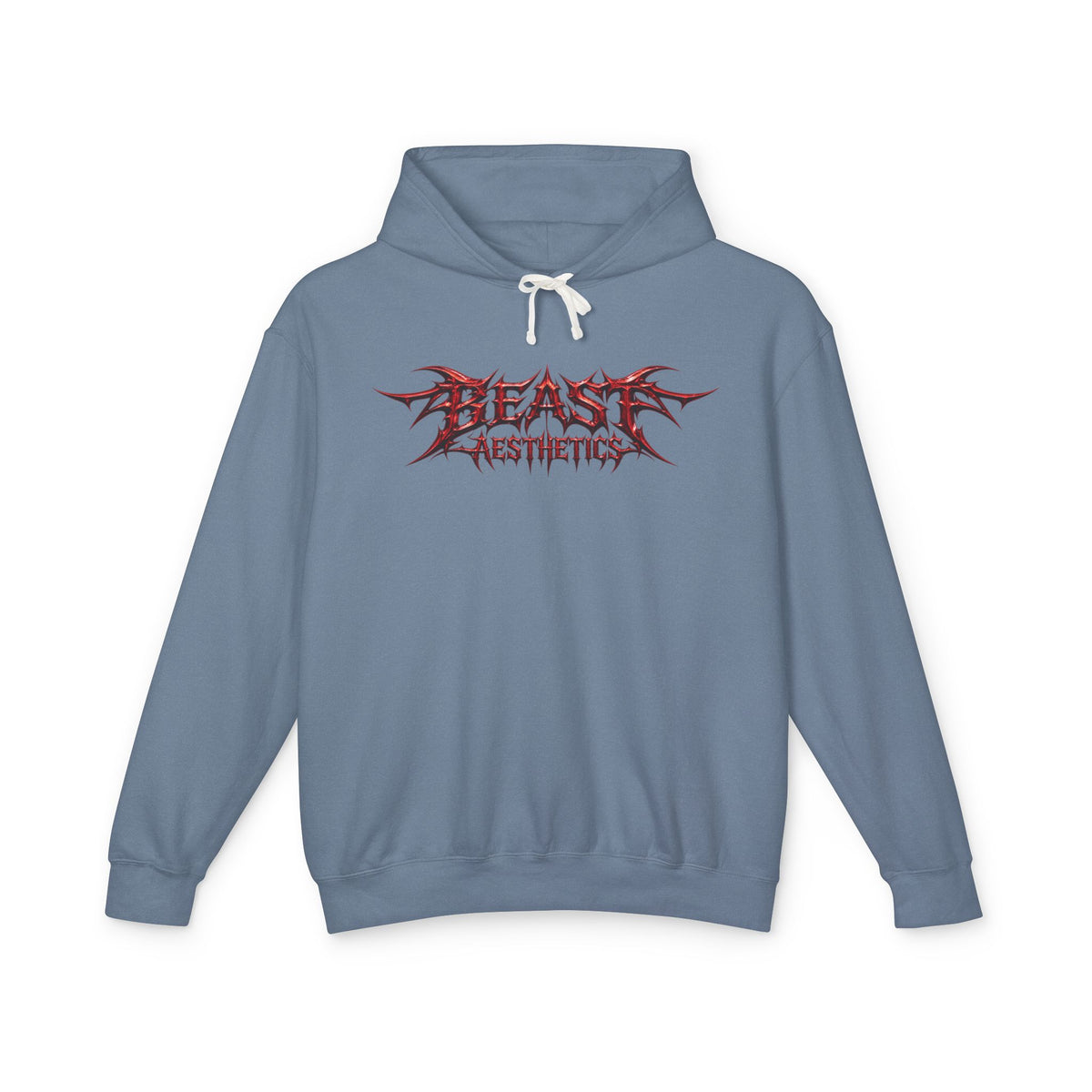 A dusty blue pullover hoodie with a red and black 'BEAST AESTHETICS' graphic on the chest, featuring white drawstrings, shown against a plain white background.