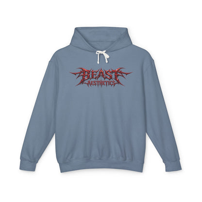 A dusty blue pullover hoodie with a red and black 'BEAST AESTHETICS' graphic on the chest, featuring white drawstrings, shown against a plain white background.