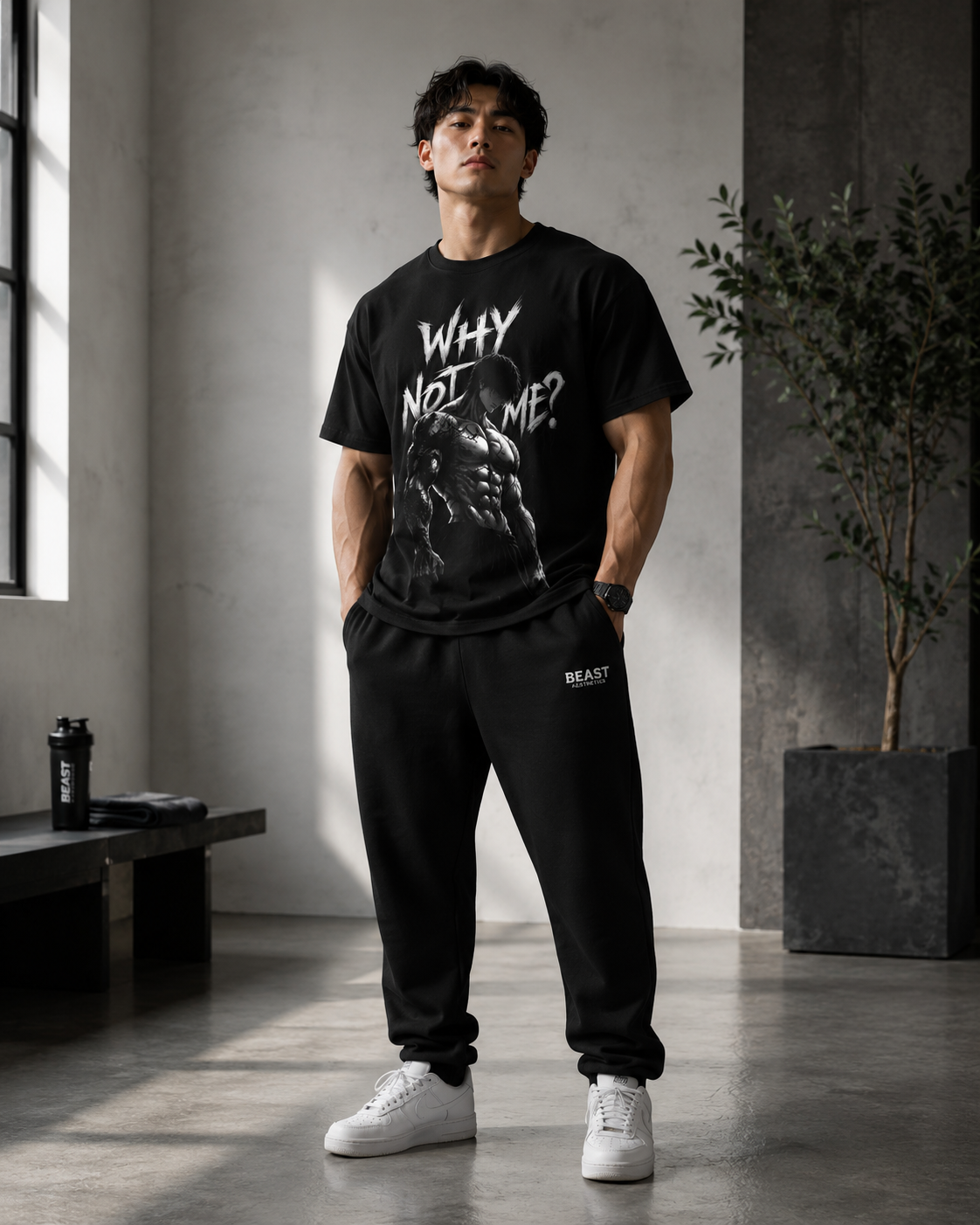 A man stands in a modern indoor studio setting wearing a black graphic T-shirt with white text reading 'WHY NOT BE ME?' and a large grayscale muscular figure, paired with black jogger sweatpants and white sneakers. A small white 'BEAST' logo is visible on the left thigh of the pants.