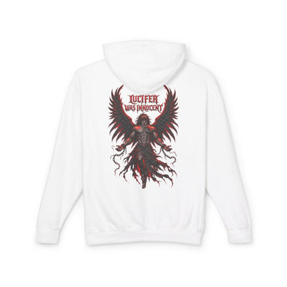White pullover hoodie shown from the back, featuring a large graphic print of a winged demon-like figure in black and red with the text 'LUCIFER WAS INNOCENT' above it.