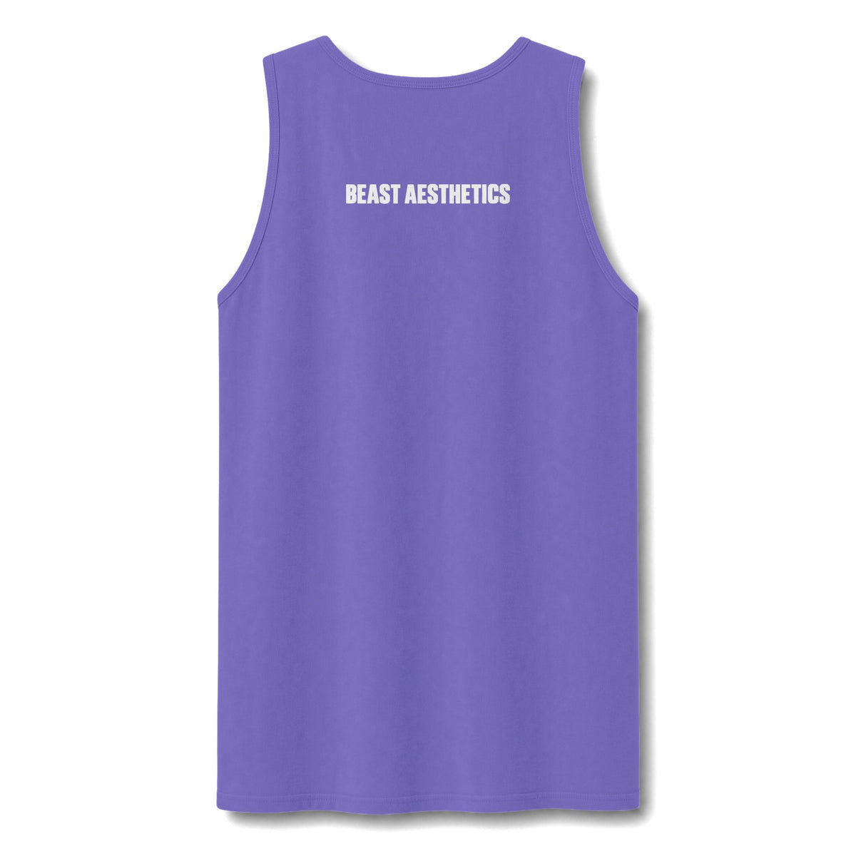 A plain purple sleeveless tank top shown from the back, isolated on a white background with a soft drop shadow.