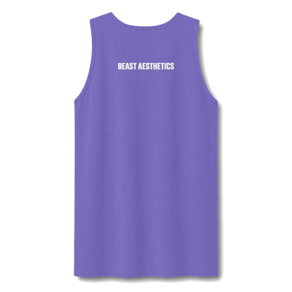 A plain purple sleeveless tank top shown from the back, isolated on a white background with a soft drop shadow.