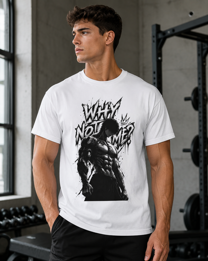 A man wearing a white crewneck t-shirt with a black graphic print of a muscular figure and the text 'WHY NOT WEAR?' in a graffiti-style font, set against a gym background.