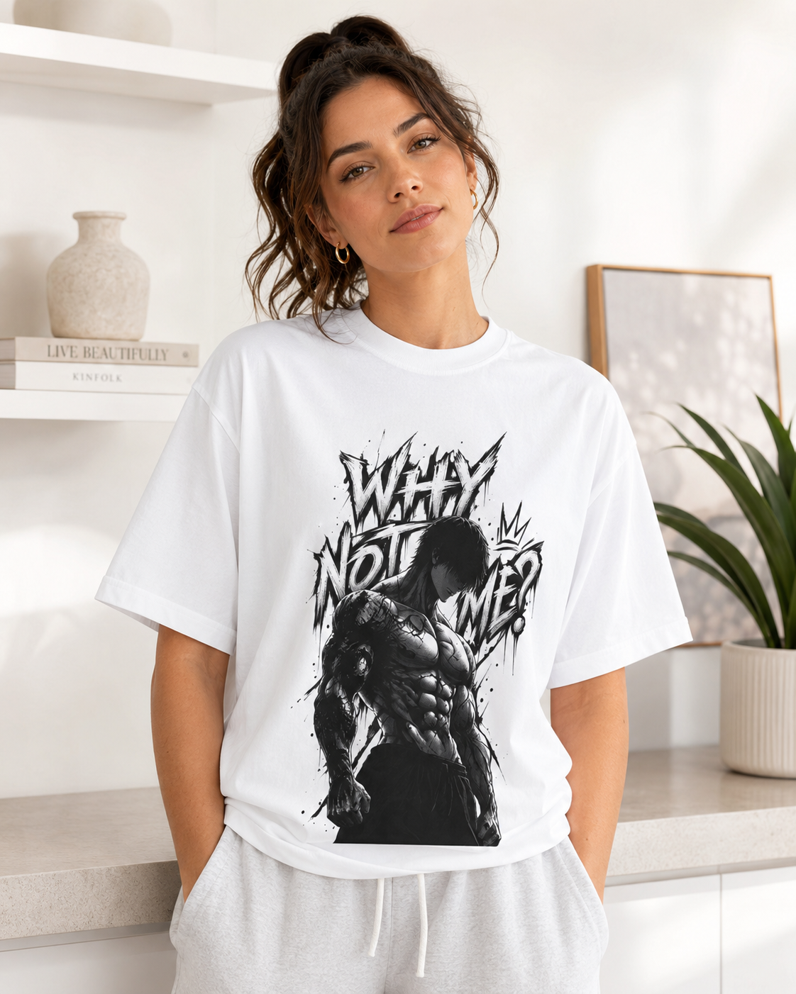 A woman wearing a white graphic t-shirt with a black and gray print of a muscular man and the text 'WHY NOT WEAR A HEART MAMMAL' in a graffiti style, paired with light gray sweatpants in a bright, modern room.