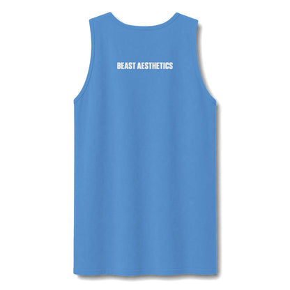 A sleeveless blue tank top shown from the back on a plain white background.