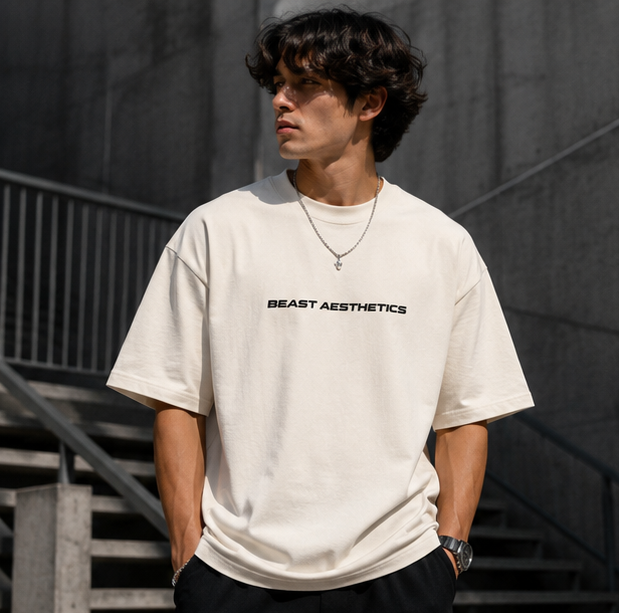 A man wearing a cream-colored t-shirt with 'BEAST AESTHETICS' printed in black across the chest, standing in front of concrete stairs.