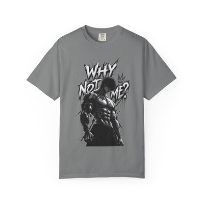 A gray short-sleeve crewneck t-shirt featuring a black and white graphic print of a muscular man with the text 'WHY NOT ME?' on the front, displayed against a plain white background.