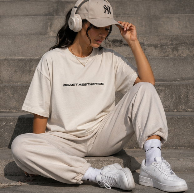 A woman sits on concrete steps wearing a beige NY cap, white over-ear headphones, a cream t-shirt with 'BEAST AESTHETICS' printed in black, matching cream sweatpants, white socks, and white sneakers.
