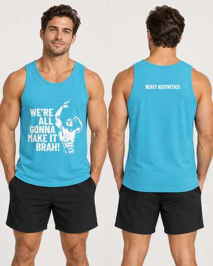 Front and back views of a man modeling a bright blue tank top with white graphic text and a muscular flexing graphic on the front, and 'BEAST AESTHETICS' printed on the back. He is wearing black athletic shorts against a light gray studio background.