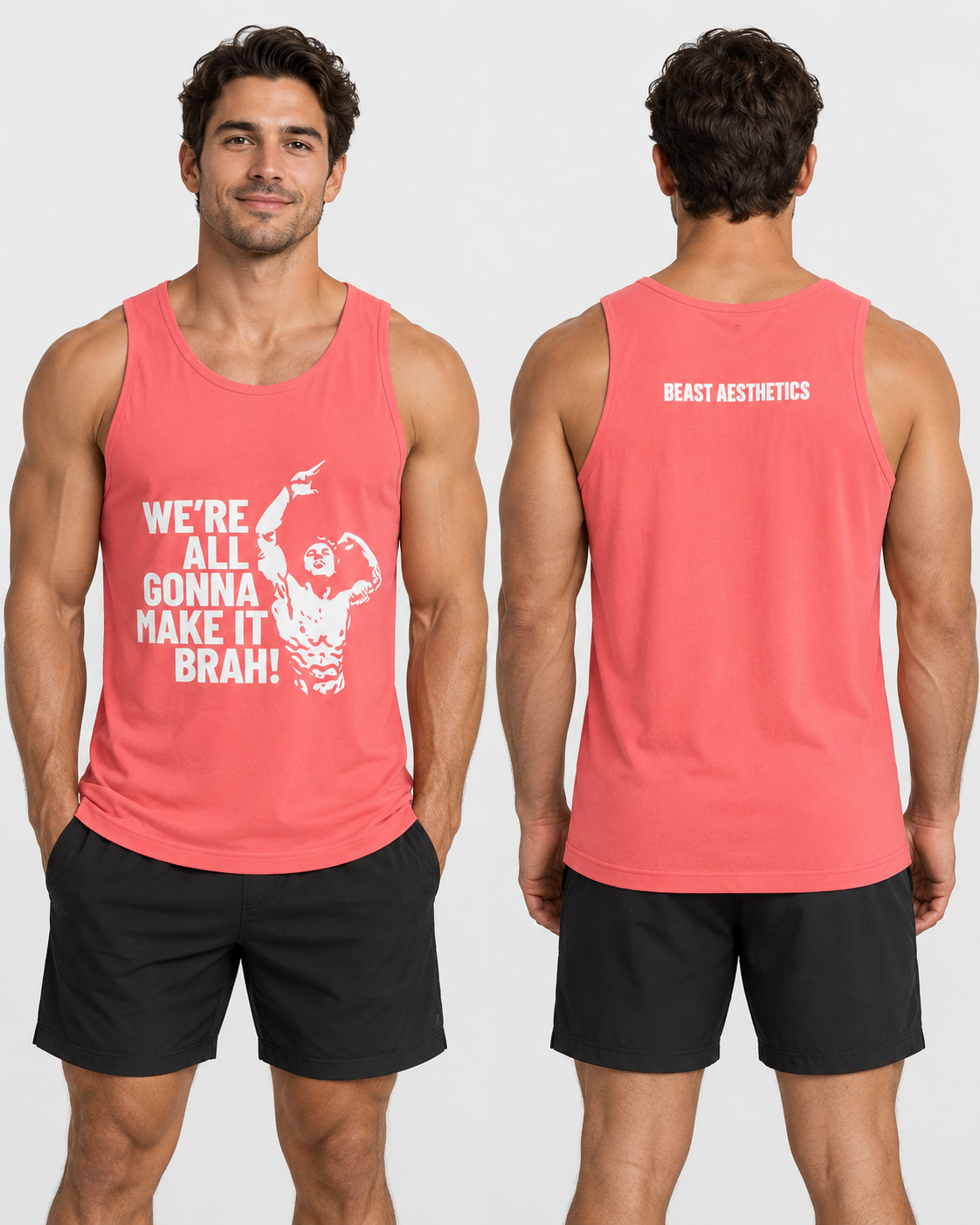 A male model shown from the front and back wearing a coral pink athletic tank top with white graphic text and a muscular flexing graphic on the front, and 'BEAST AESTHETICS' printed on the back. He is also wearing black athletic shorts against a light gray studio background.