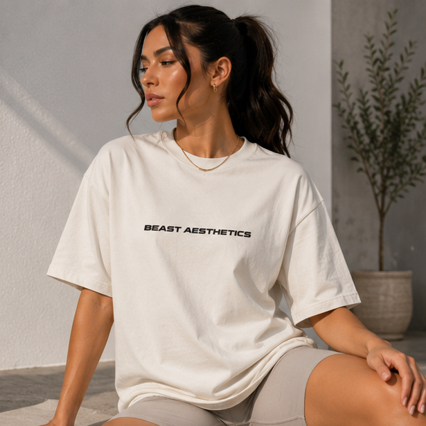 A woman wearing an oversized off-white t-shirt with 'BEAST AESTHETICS' printed in black across the chest, paired with light gray shorts, posed in a sunlit modern interior setting.