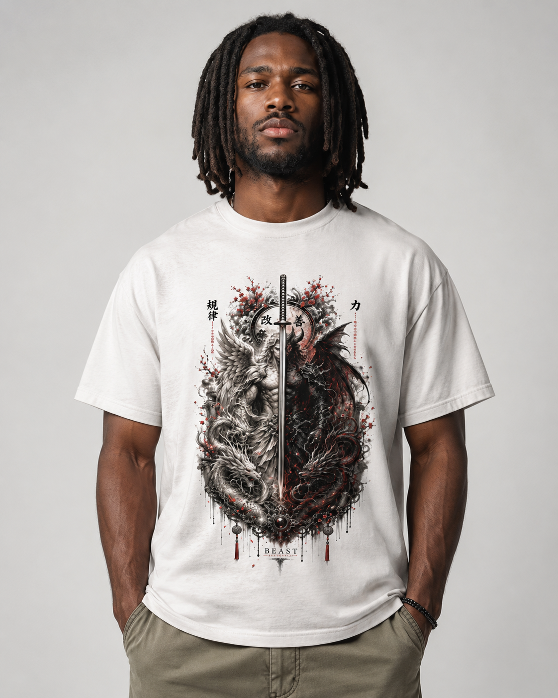 A man wearing a white crewneck t-shirt with a detailed graphic print of a dragon and sword, paired with khaki pants, against a plain gray studio background.
