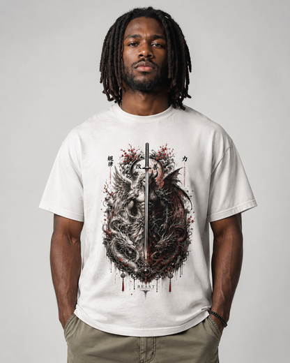 A man wearing a white crewneck t-shirt with a detailed graphic print of a dragon and sword, paired with khaki pants, against a plain gray studio background.