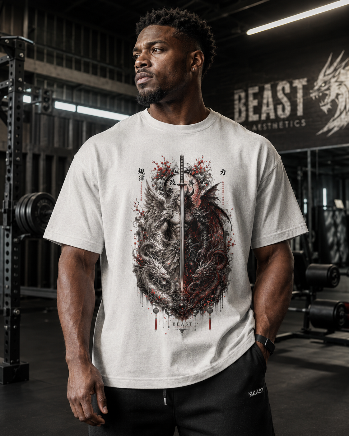 A man in a gym wearing a white graphic t-shirt with a detailed black and red dragon design, paired with black sweatpants. The background shows gym equipment and a 'BEAST AESTHETICS' banner.