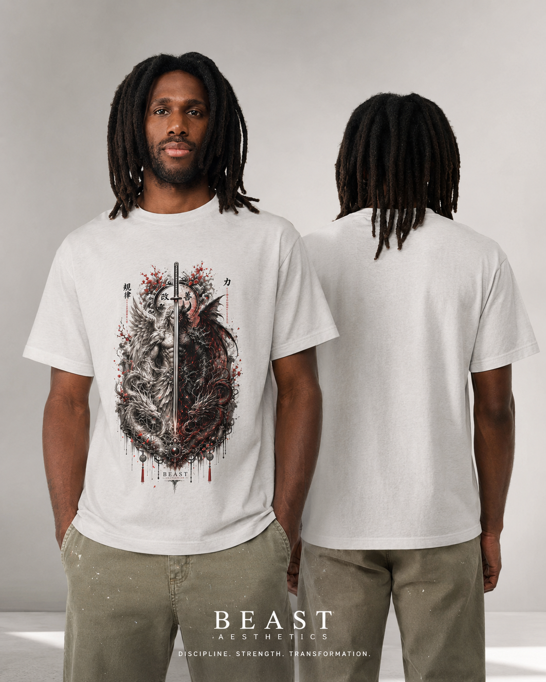 A model shown from the front and back wearing a white graphic t-shirt with a detailed black and red dragon design on the front, paired with khaki pants against a neutral studio background.