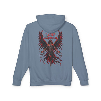 A light blue hoodie shown from the back, featuring a large graphic print of a winged demon-like figure in red and black with the text 'LUCIFER WAS INNOCENT'.