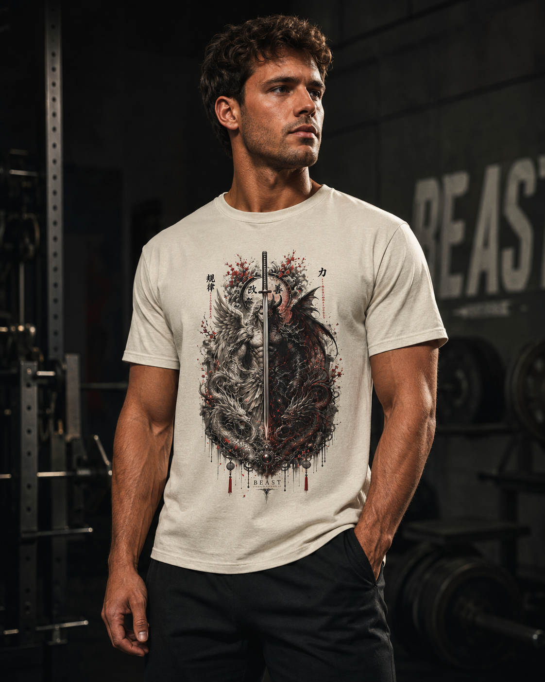 A man in a gym wearing a beige graphic t-shirt with a detailed dragon design and Japanese characters, paired with black pants.