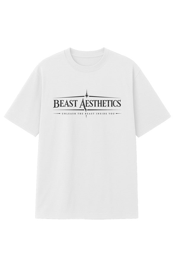 White t-shirt with 'Beast Aesthetics' logo on a white background
