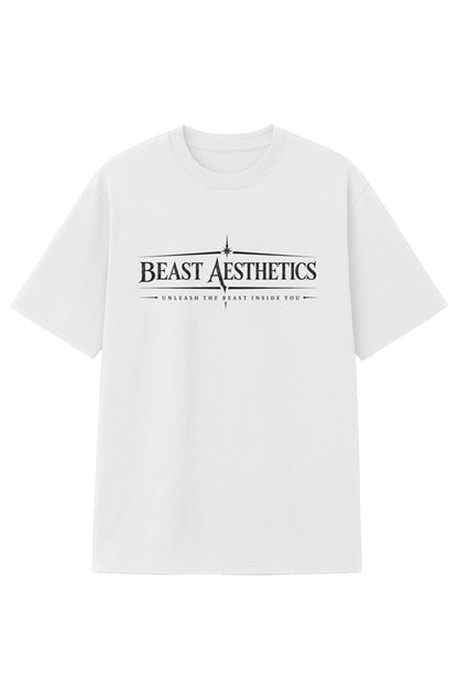 White t-shirt with 'Beast Aesthetics' logo on a white background