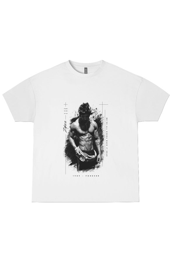 A white short-sleeve crewneck t-shirt featuring a black and white graphic print of a muscular man with a wolf head on the front, set against a plain white background.
