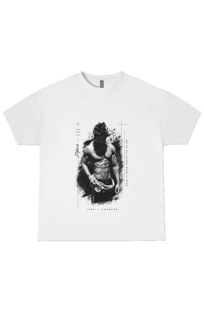 A white short-sleeve crewneck t-shirt featuring a black and white graphic print of a muscular man with a wolf head on the front, set against a plain white background.