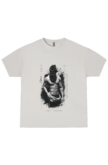 A light gray crewneck t-shirt featuring a black and white graphic print of a muscular man with a wolf head on the front, displayed flat against a white background.