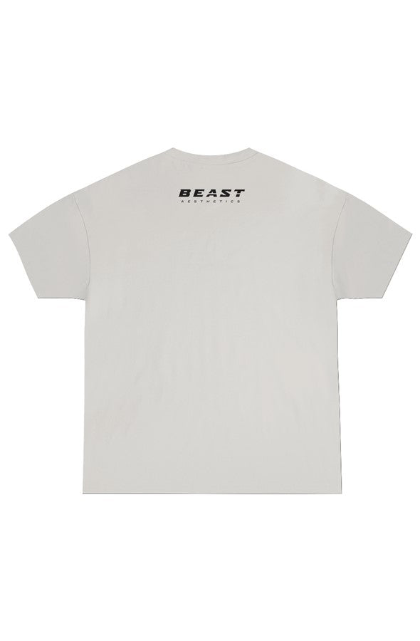 A light gray short-sleeve t-shirt shown from the back, featuring a black 'BEAST AUTHENTICITY' logo printed on the upper back, set against a plain white background.