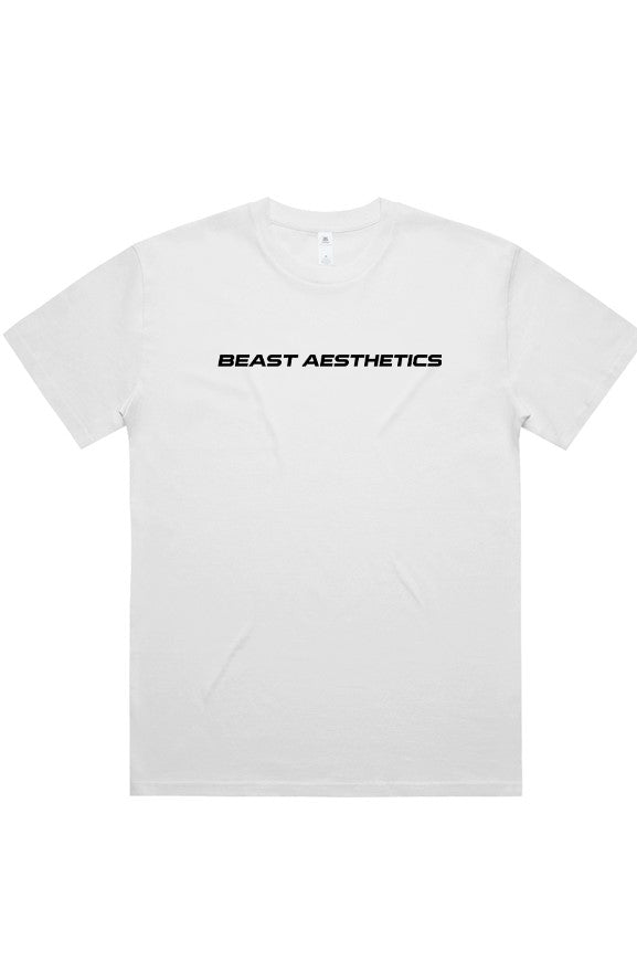 A white short-sleeve crewneck t-shirt with 'BEAST AESTHETICS' printed in black block letters across the chest, displayed on a clean white background.