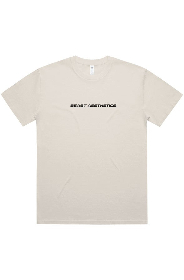 A light beige crewneck t-shirt with 'BEAST AESTHETICS' printed in black across the chest, displayed flat against a white background.