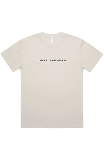 A light beige crewneck t-shirt with 'BEAST AESTHETICS' printed in black across the chest, displayed flat against a white background.