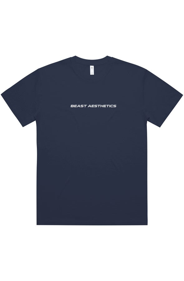 A navy blue short-sleeve t-shirt with 'BEAST AESTHETICS' printed in white across the chest, displayed flat against a plain white background.
